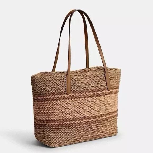 NWT COACH Straw and smooth leather City Tote Bag CBG87 Im/Honey Brown Multi - Picture 2 of 11